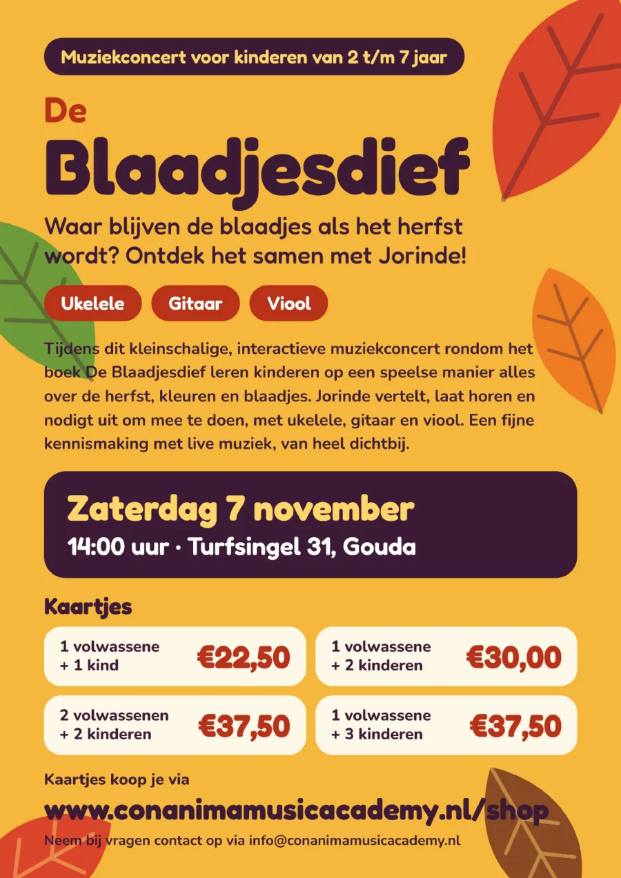 Poster De Blaadjesdief, muziekconcert voor kinderen van 2 t/m 7 jaar
